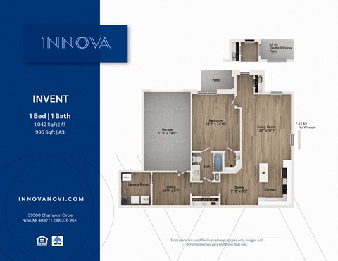 Floor plan for 1 bed, 1 bath, 995 sqft